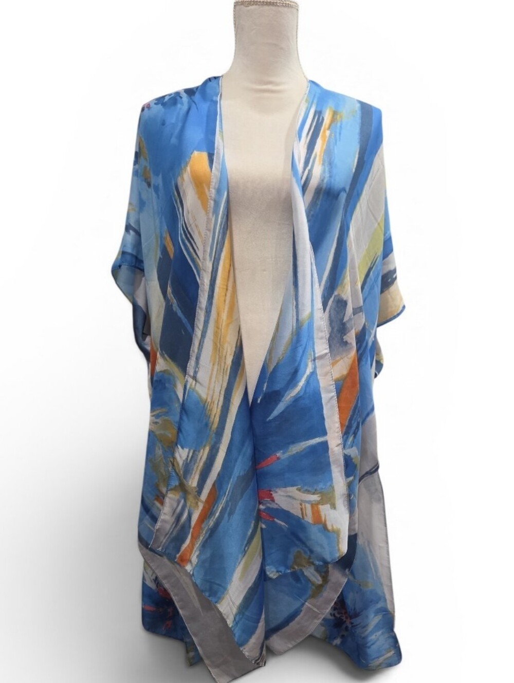 Blue Abstract Print Chiffon Kimono Robe One Size